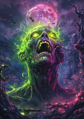 Zombie with Glowing Eyes Under Pink Moon