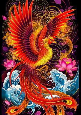 Phoenix Rising from Waves and Lotuses