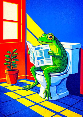Frog Reading Newspaper on Toilet
