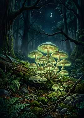 Bioluminescent Mushrooms in a Dark Forest