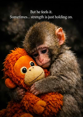 Monkey hugging a stuffed toy