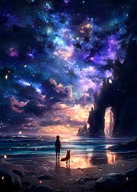 Child and Fox Under Starry Sky
