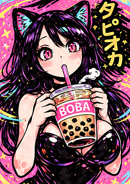 Anime Girl Drinking Boba Tea