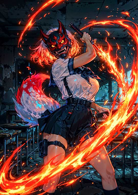 Samurai Fox Girl with Oni Mask