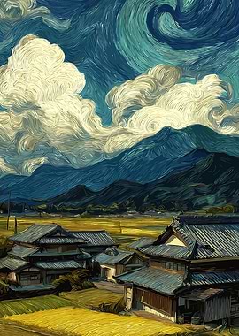 Japanese Village Under Dramatic Sky