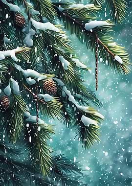 Snowy Pine Branches with Pinecones