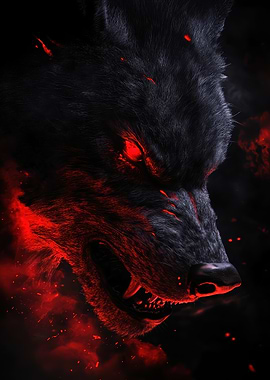 Fierce Black Wolf with Glowing Red Eyes