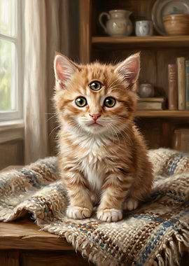 Three-Eyed Orange Kitten on Blanket