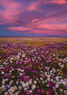 Vibrant Flower Field at Sunset