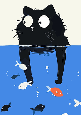 Black cat in water with fish