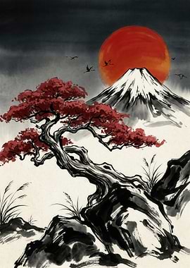 Japanese Landscape with Mount Fuji and Bonsai Tree