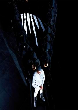 Man in White Leading Hooded Figures