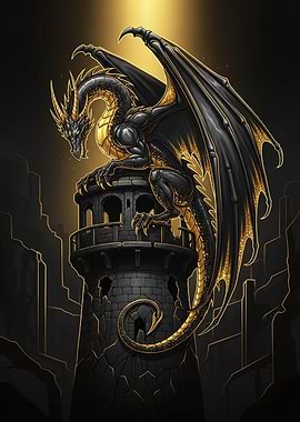 Black and Gold Dragon on Tower