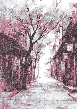 Japan Street Scene with Trees and Buildings