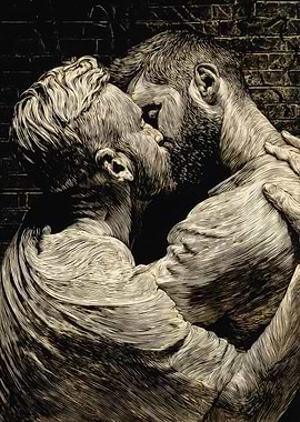 Engraved Male Couple Kiss