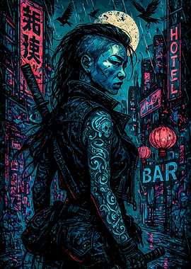 Cyberpunk Warrior in Rainy City