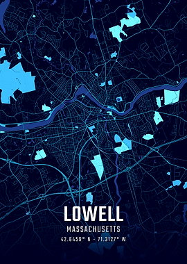 Lowell Massachusetts Midnight City Map