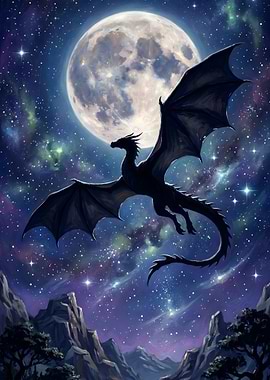 Dragon flying in starry night sky
