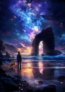 Boy and Fox Under Starry Sky