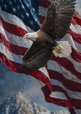 Bald Eagle Flying Over American Flag and Mountains
