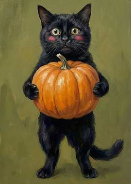 Black Cat Holding a Pumpkin