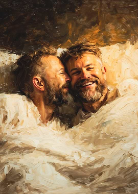 Joyful Male Couple Impasto Painting