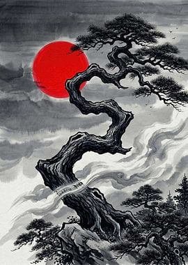 Zen Bonsai Tree with Red Sun