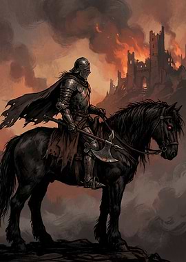 Knight on Horse with Burning Castle