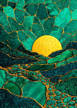 Emerald Green Kintsugi Sun Landscape