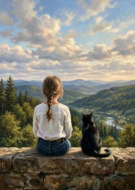 Girl and Cat Admire Mountain Landscape