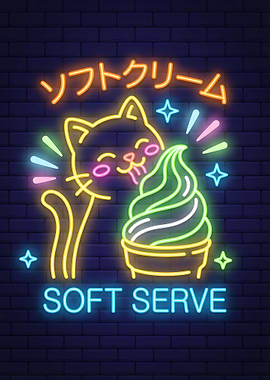 Cute Cat Eating Soft Serve Neon Sign