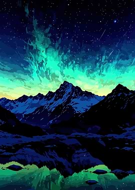 Aurora Borealis over Mountains and Lake