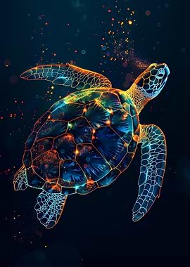 Glowing Sea Turtle with Cosmic Particles