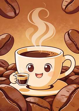 Cute Coffee Cup with Steam and Beans