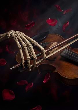 Skeleton Hand Playing Violin with Rose Petals