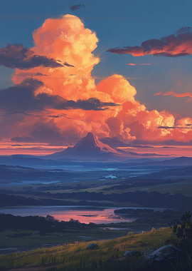 Sunset Over Mountains and River