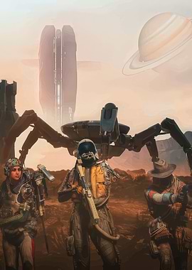Sci-fi explorers with mech and planet