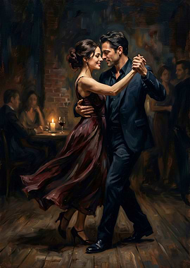 Couple dancing tango in a dimly lit room