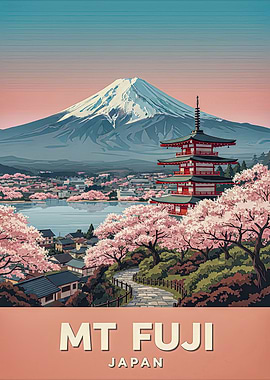 Mt. Fuji with Pagoda and Cherry Blossoms