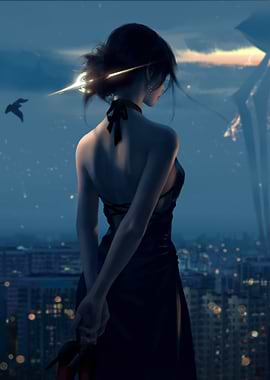 Woman in Black Dress on Rooftop