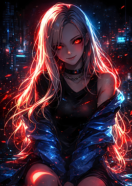 Anime Girl with Red Eyes in City