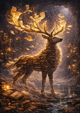 Enchanted Book Deer in Magical Library