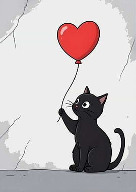 Black Cat Holding a Heart Balloon graffiti cartoon