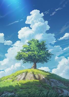 Lone Tree on a Hill Under Blue Sky