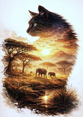 Cat Silhouette Over Savannah