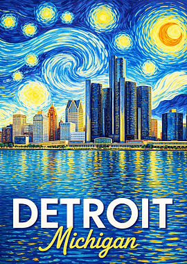 Detroit Michigan Starry Night Painting