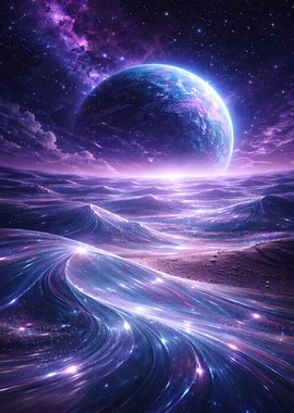 Alien Planet Landscape with Giant Moon