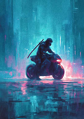 Cyberpunk Ninja on Motorcycle