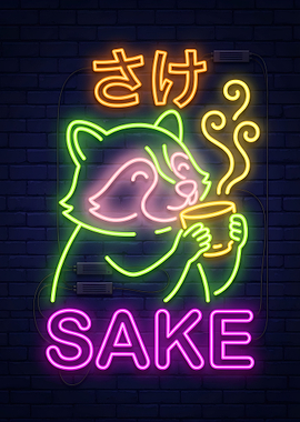 Neon Raccoon Drinking Sake