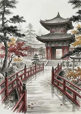 Japanese Garden with Pagoda and Bridge